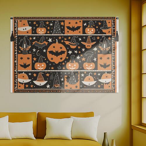 ハロウィン カボチャ コウモリ 帽子 星 タペストリー ホラー 防犯 秋 インテリア イベント 大きい 撮影背景 壁掛け 大判 長方形 壁布 オレンジ 黒 白