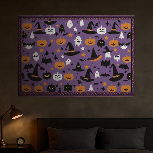 ハロウィン カボチャ 帽子 ゴースト コウモリ タペストリー ホラー 防犯 秋 インテリア イベント 大きい 撮影背景 壁掛け 大判 長方形 壁布 紫 オレンジ 黒