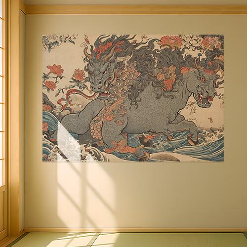 麒麟 波 花 龍 伝説 タペストリー 和風 お正月飾り 午年 2026年 干支 馬鬼 日本画風 浮世絵風 インテリア 大きい 撮影背景 壁掛け 大判 長方形 壁布 グレー 赤 オレンジ