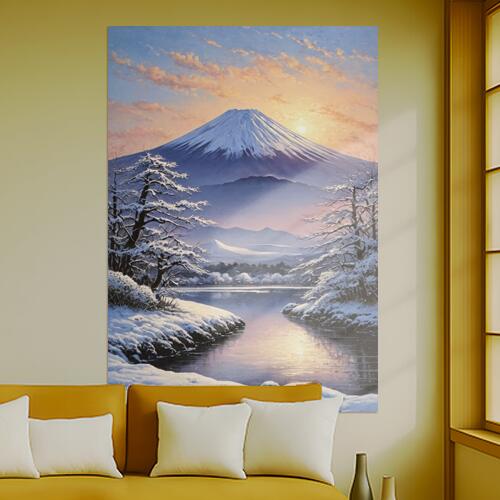 富士山 雪 冬 湖 木 タペストリー 富士山風 雪景色 日本画風 レトロ風 元旦 クリスマス インテリア 大きい 撮影背景 壁掛け 大判 長方形 壁布 白 青 ピンク