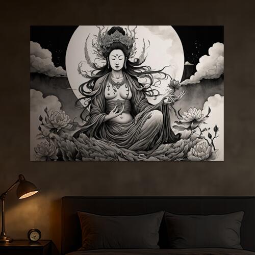 観音 仏像 蓮 月 墨絵 タペストリー 和風 菩薩 仏 女性 癒し ヒーリング インテリア 大きい 撮影背景 ..