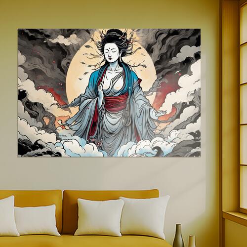 観音 仏教 宗教 瞑想 平和 タペストリー 和風 菩薩 仏 女性 癒し ヒーリング インテリア 大きい 撮影背景 壁掛け 大判 長方形 壁布 白 青 赤