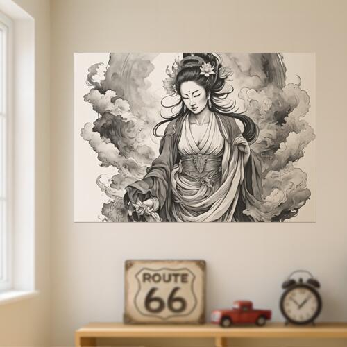 観音 仏教 蓮 墨絵 水墨画 タペストリー 和風 菩薩 仏 女性 癒し ヒーリング インテリア 大きい 撮影背景 壁掛け 大判 長方形 壁布 白 黒 グレー