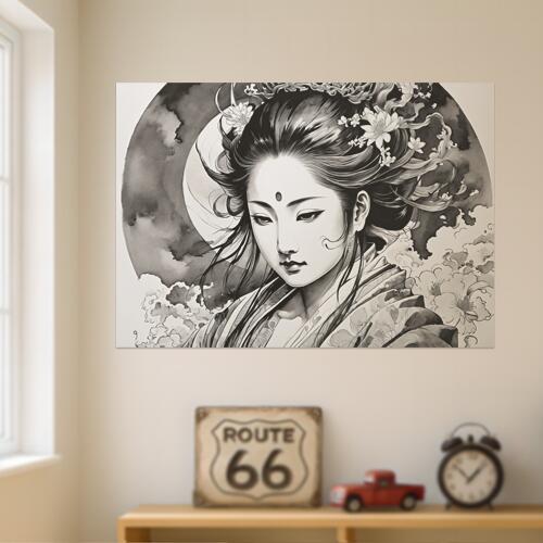 女性 花 着物 月 墨絵 タペストリー 和風 観音 菩薩 仏 癒し ヒーリング インテリア 大きい 撮影背景 壁掛け 大判 長方形 壁布 黒 白 グレー