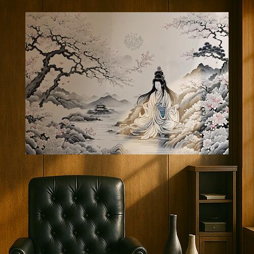 女性 桜 山 寺 川 タペストリー 和風 観音 菩薩 仏 癒し ヒーリング インテリア 大きい 撮影背景 壁掛け 大判 長方形 壁布 白 黒 グレー