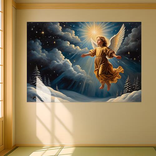 天使 子供 星 雪 冬 タペストリー クリスマス 神秘的 インテリア 大きい 撮影背景 壁掛け 大判 長方形 壁布 黄色 白 青