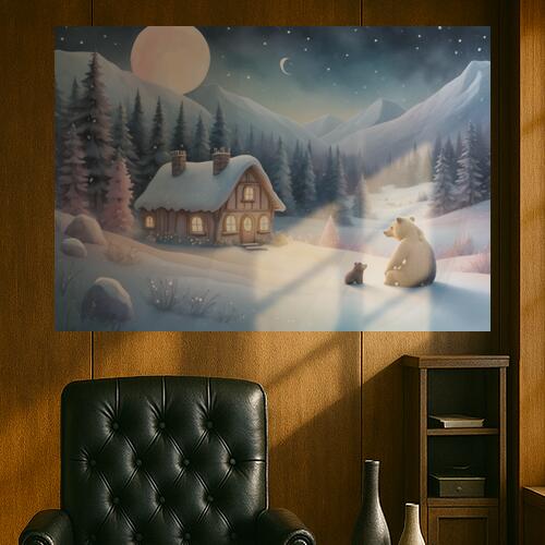 冬 雪 家 山 熊 クリスマス タペストリー 雪景色 聖夜 神秘的 インテリア 大きい 撮影背景 壁掛け 大判 長方形 壁布 白 ベージュ グレー