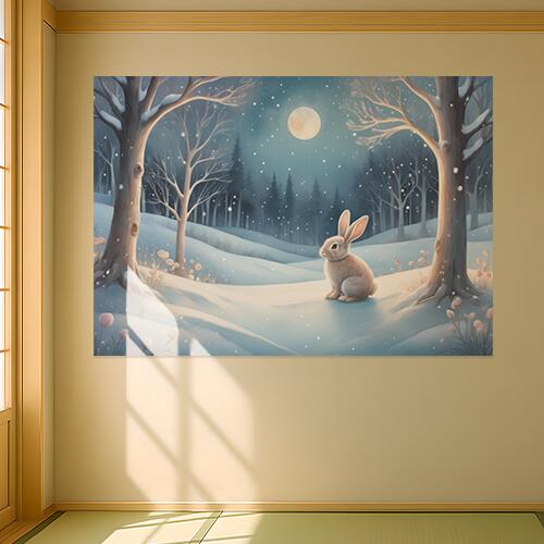 ウサギ 雪 冬 月 木 クリスマス タペストリー 雪景色 聖夜 神秘的 インテリア 大きい 撮影背景 壁掛け 大判 長方形 壁布 白 ベージュ 青