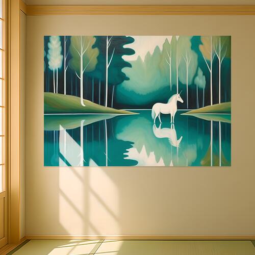ユニコーン 湖 森 木 反射 タペストリー 北欧風 おうちスタジオ 幻想的 雑貨 グッズ インテリア 大きい 撮影背景 壁掛け 大判 長方形 壁布 白 緑 青
