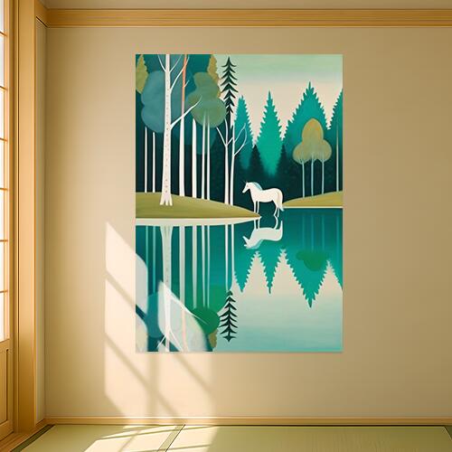 ユニコーン 湖 森 木 反射 タペストリー 北欧風 おうちスタジオ 幻想的 雑貨 グッズ インテリア 大きい 撮影背景 壁掛け 大判 長方形 壁布 青 白 緑