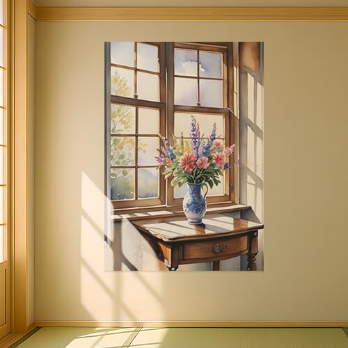 窓 花瓶 花 テーブル 室内 タペストリー ウェディングバナー 結婚祝い おうちスタジオ 雑貨 グッズ 壁掛け インテリア 大きい 撮影背景 大判 長方形 ヒーリング ベージュ 青 ピンク