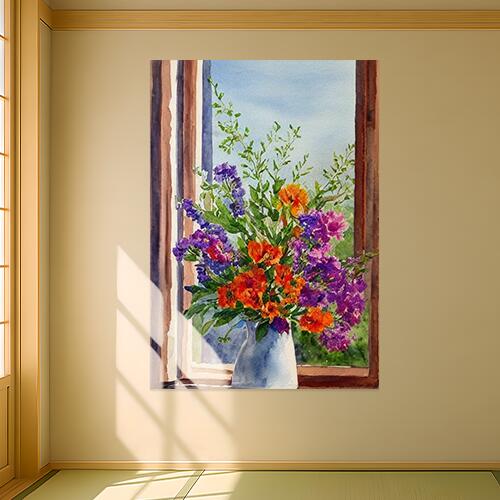 花 花瓶 静物 水彩画 窓 タペストリー ウェディングバナー 結婚祝い おうちスタジオ 雑貨 グッズ 壁掛け インテリア 大きい 撮影背景 大判 長方形 ヒーリング 青 オレンジ 紫