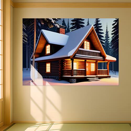丸太小屋 冬 雪 家 木 タペストリー 景色 北欧風 フィンランド 大判 巨大 瞑想 グッズ 壁掛け インテリア 春 大きい 撮影背景 長方形 白 茶色 オレンジ