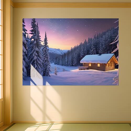 雪 木 家 山 冬 タペストリー 景色 北欧風 フィンランド 大判 巨大 瞑想 グッズ 壁掛け インテリア 春 大きい 撮影背景 長方形 白 青 ピンク