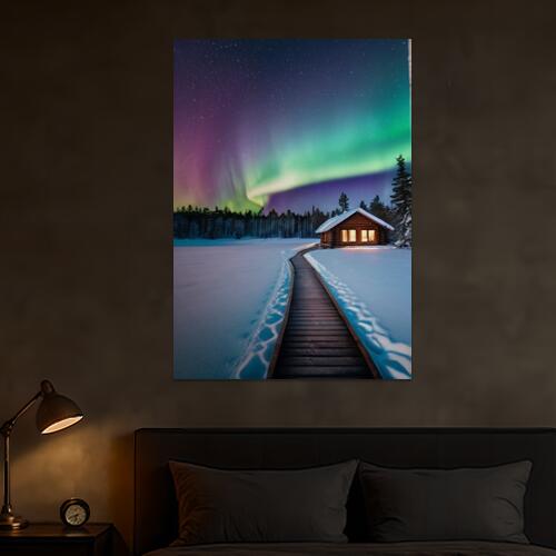 オーロラ 小屋 雪 道 夜空 タペストリー 景色 北欧風 フィンランド 冬 大判 巨大 瞑想 グッズ 壁掛け インテリア 春 大きい 撮影背景 長方形 紫 緑 白