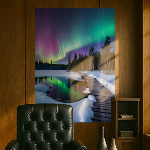 オーロラ 湖 雪 森 橋 タペストリー 景色 北欧風 フィンランド 冬 大判 巨大 瞑想 グッズ 壁掛け インテリア 春 大きい 撮影背景 長方形 紫 緑 青
