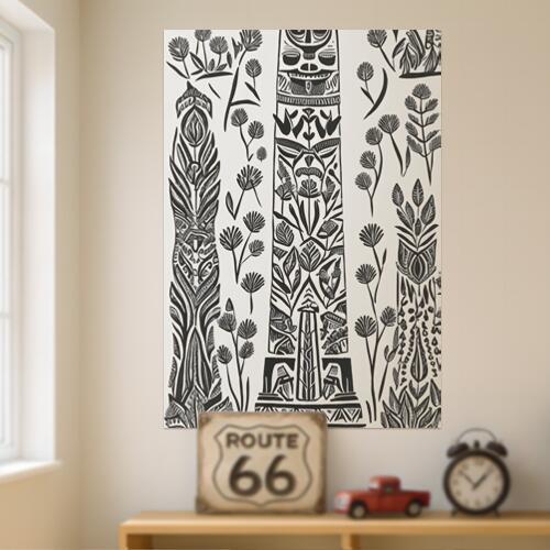 トーテムポール 植物 花 部族 アート タペストリー エスニック 開運グッズ 壁飾り 巨大 瞑想 壁掛け インテリア 大きい 撮影背景 長方形 黒 白 グレー