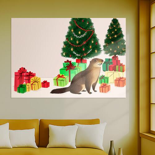 クリスマス プレゼント 木 オッター 冬 タペストリー マーモット グッズ 大判 布製 壁飾り 巨大 壁掛け インテリア 自然 動物 大きい 撮影背景 長方形 赤 緑 黄色