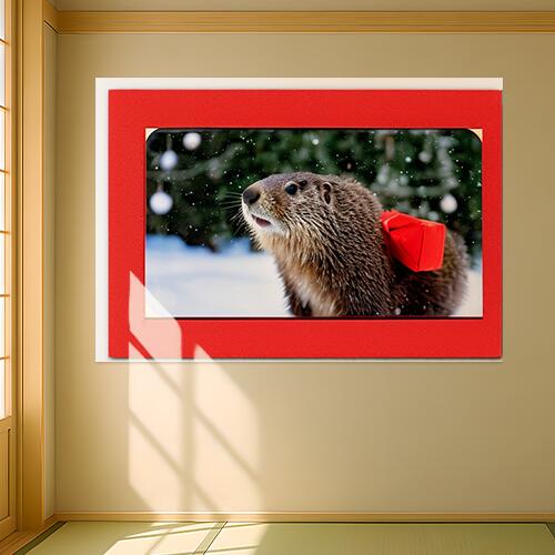 カワウソ クリスマス 冬 雪 プレゼント タペストリー マーモット グッズ 大判 布製 壁飾り 巨大 壁掛け インテリア 自然 動物 大きい 撮影背景 長方形 赤 白 緑