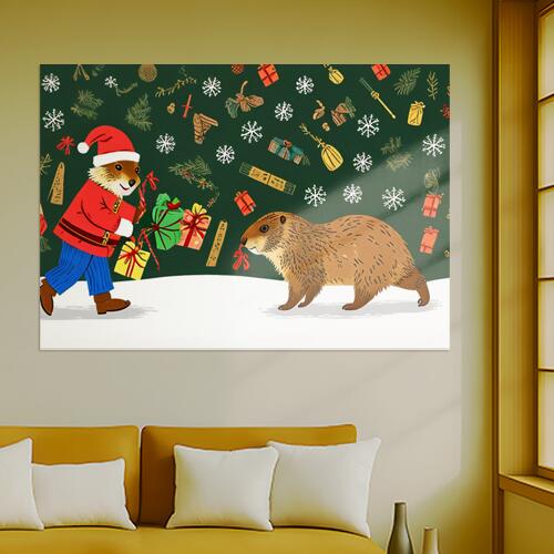 クリスマス プレゼント 雪 グラウンドホッグ サンタクロース タペストリー 冬 マーモット グッズ 大判 ..