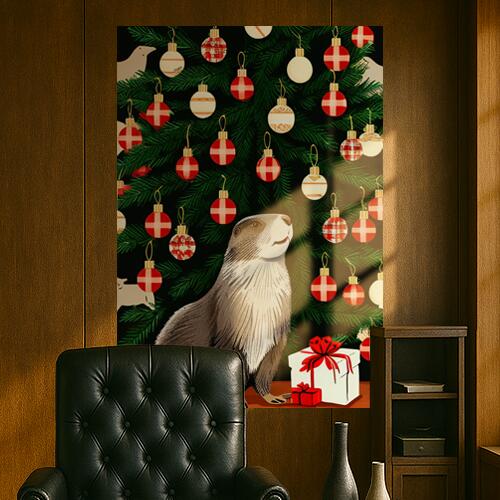 クリスマスツリー オーナメント プレゼント マーモット 冬 クリスマス タペストリー グッズ 大判 布製 壁飾り 巨大 壁掛け インテリア 自然 動物 大きい 撮影背景 長方形 緑 赤 白