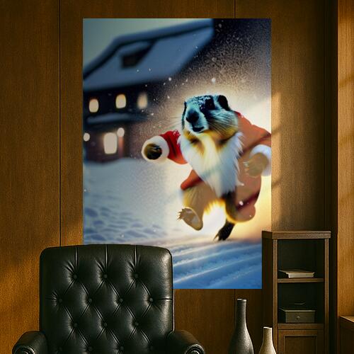 グラウンドホッグ サンタクロース 雪 冬 家 クリスマス タペストリー マーモット グッズ 大判 布製 壁飾り 巨大 壁掛け インテリア 自然 動物 大きい 撮影背景 長方形 白 赤 ベージュ