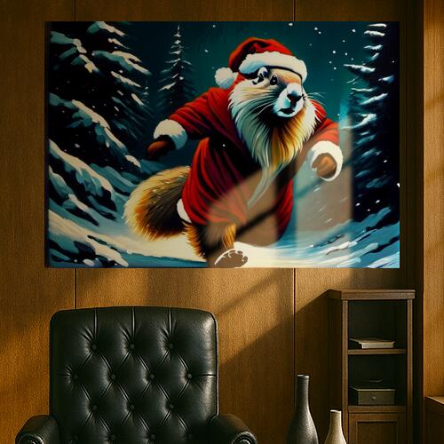 クリスマス 冬 雪 動物 サンタクロース タペストリー マーモット グッズ 大判 布製 壁飾り 巨大 壁掛け インテリア 自然 大きい 撮影背景 長方形 赤 白 黒