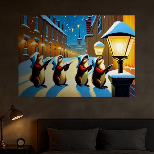 カワウソ クリスマス 冬 雪 街並み タペストリー マーモット グッズ 大判 布製 壁飾り 巨大 壁掛け イ..