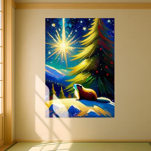 クリスマスツリー 星 リス 冬 雪 クリスマス タペストリー マーモット グッズ 大判 布製 壁飾り 巨大 壁掛け インテリア 自然 動物 大きい 撮影背景 長方形 青 黄色 赤