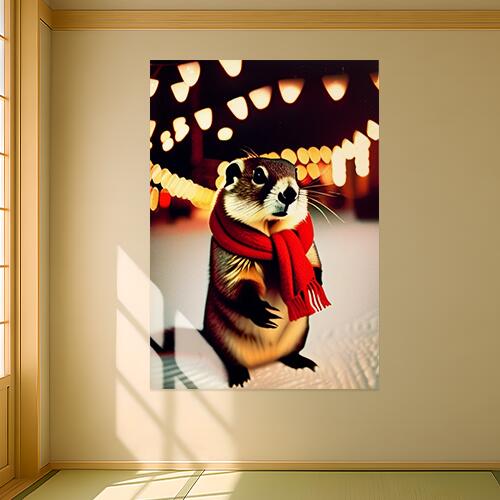 グラウンドホッグ スカーフ 冬 雪 ライト クリスマス タペストリー マーモット グッズ 大判 布製 壁飾り 巨大 壁掛け インテリア 自然 動物 大きい 撮影背景 長方形 赤 白 ベージュ