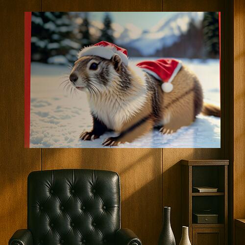 グラウンドホッグ クリスマス 帽子 雪 冬 タペストリー マーモット グッズ 大判 布製 壁飾り 巨大 壁掛..