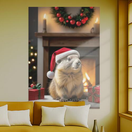 クリスマス プレゼント 帽子 暖炉 リース タペストリー 冬 マーモット グッズ 大判 布製 壁飾り 巨大 壁掛け インテリア 自然 動物 大きい 撮影背景 長方形 赤 白 ベージュ