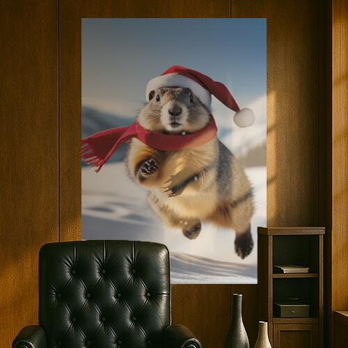 グラウンドホッグ クリスマス 冬 雪 帽子 タペストリー マーモット グッズ 大判 布製 壁飾り 巨大 壁掛け インテリア 自然 動物 大きい 撮影背景 長方形 白 赤 ベージュ