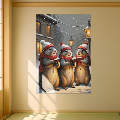 ジリス クリスマス 冬 雪 歌 タペストリー マーモット グッズ 大判 布製 壁飾り 巨大 壁掛け インテリア 自然 動物 大きい 撮影背景 長方形 白 赤 ベージュ