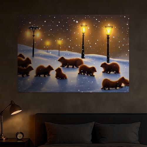 カワウソ 雪 ランプ 冬 夜 クリスマス タペストリー マーモット グッズ 大判 布製 壁飾り 巨大 壁掛け ..