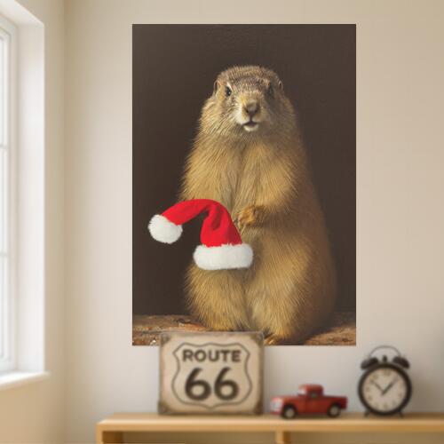 プレーリードッグ クリスマス 帽子 冬 動物 タペストリー マーモット グッズ 大判 布製 壁飾り 巨大 壁掛け インテリア 自然 大きい 撮影背景 長方形 赤 白 ベージュ