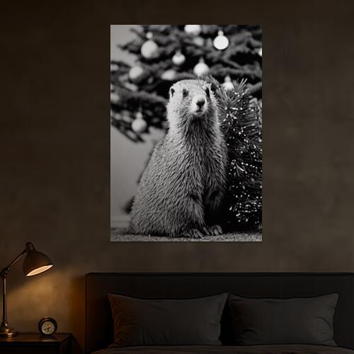 グラウンドホッグ クリスマスツリー 冬 動物 ホリデー クリスマス タペストリー マーモット グッズ 大判 布製 壁飾り 巨大 壁掛け インテリア 自然 大きい 撮影背景 長方形 白 黒 グレー