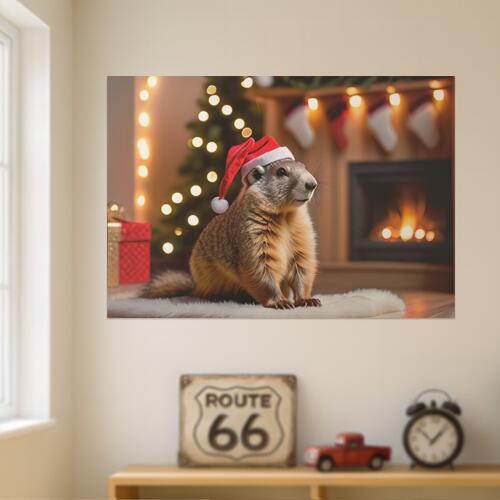 グラウンドホッグ サンタ帽子 クリスマスツリー 暖炉 プレゼント クリスマス タペストリー 冬 マーモット グッズ 大判 布製 壁飾り 巨大 壁掛け インテリア 自然 動物 大きい 撮影背景 長方形 赤 白 オレンジ