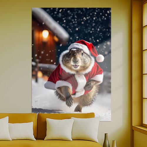 グラウンドホッグ サンタクロース クリスマス 冬 雪 タペストリー マーモット グッズ 大判 布製 壁飾り 巨大 壁掛け インテリア 自然 動物 大きい 撮影背景 長方形 赤 白 ベージュ