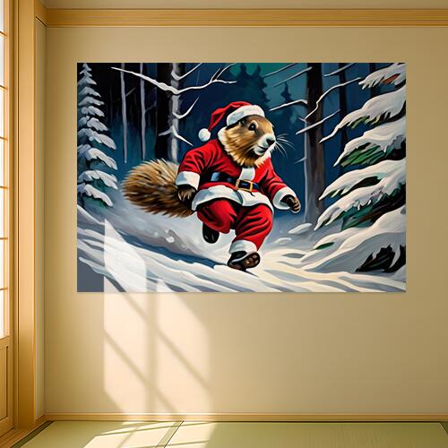 リス クリスマス サンタクロース 冬 雪 タペストリー マーモット グッズ 大判 布製 壁飾り 巨大 壁掛け インテリア 自然 動物 大きい 撮影背景 長方形 白 赤 黒