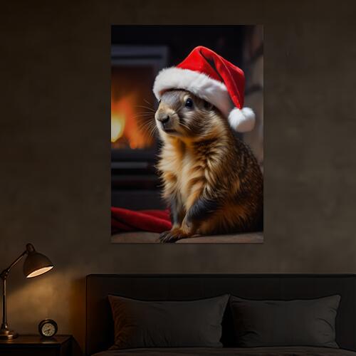 マーモット クリスマス 帽子 冬 暖炉 タペストリー グッズ 大判 布製 壁飾り 巨大 壁掛け インテリア ..