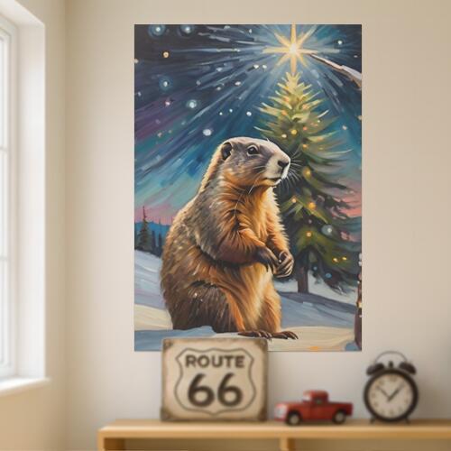 グラウンドホッグ クリスマスツリー 雪 冬 星 クリスマス タペストリー マーモット グッズ 大判 布製 壁飾り 巨大 壁掛け インテリア 自然 動物 大きい 撮影背景 長方形 青 紺 白