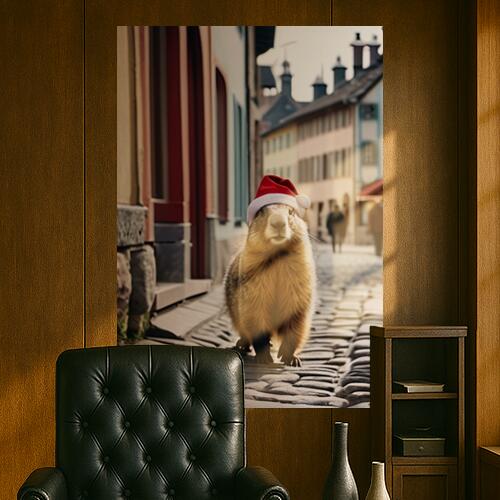 グラウンドホッグ クリスマス 帽子 冬 動物 タペストリー マーモット グッズ 大判 布製 壁飾り 巨大 壁掛け インテリア 自然 大きい 撮影背景 長方形 ベージュ 赤 白