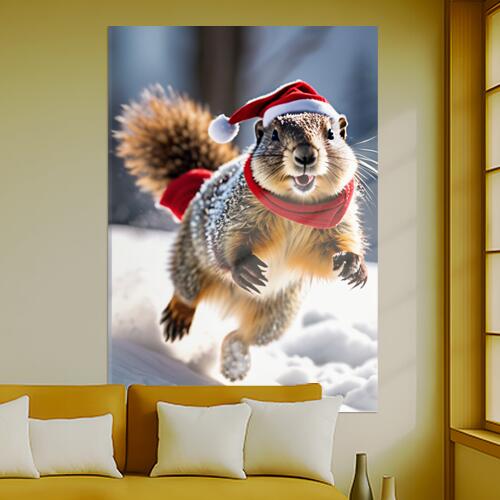 リス クリスマス 冬 雪 帽子 タペストリー マーモット グッズ 大判 布製 壁飾り 巨大 壁掛け インテリア 自然 動物 大きい 撮影背景 長方形 赤 白 ベージュ