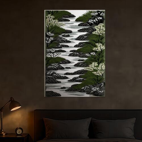 川 岩 木 自然 風景 タペストリー 和柄 和風 和モダン 水墨画風 大判 布製 壁飾り 巨大 壁掛け インテリア 大きい 撮影背景 長方形 白 黒 グレー