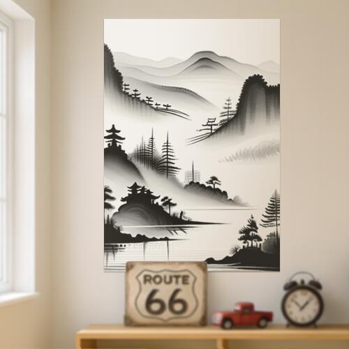 山 寺 木 水墨画 風景 タペストリー 和柄 和風 和モダン 水墨画風 大判 布製 壁飾り 巨大 壁掛け インテリア 大きい 撮影背景 長方形 黒 白 グレー