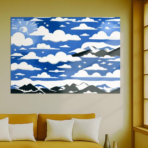 空 雲 山 星 太陽 タペストリー 和柄 和風 和モダン 水墨画風 大判 布製 壁飾り 巨大 壁掛け インテリア 大きい 撮影背景 長方形 青 白 黒
