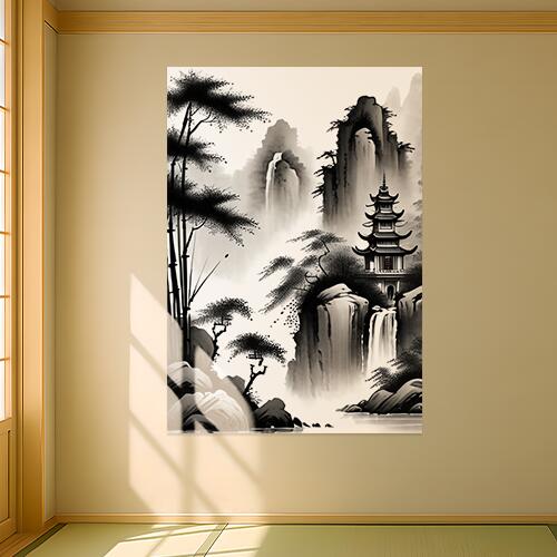 山 滝 寺 木 岩 タペストリー 和柄 和風 和モダン 水墨画風 大判 布製 壁飾り 巨大 壁掛け インテリア 大きい 撮影背景 長方形 黒 白 グレー