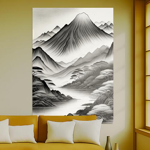 山 水 木 風景 自然 タペストリー 和柄 和風 和モダン 水墨画風 大判 布製 壁飾り 巨大 壁掛け インテリア 大きい 撮影背景 長方形 白 黒 グレー