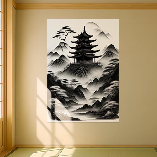 寺 山 木 風景 墨絵 タペストリー 和柄 和風 和モダン 水墨画風 大判 布製 壁飾り 巨大 壁掛け インテリア 大きい 撮影背景 長方形 黒 白 グレー